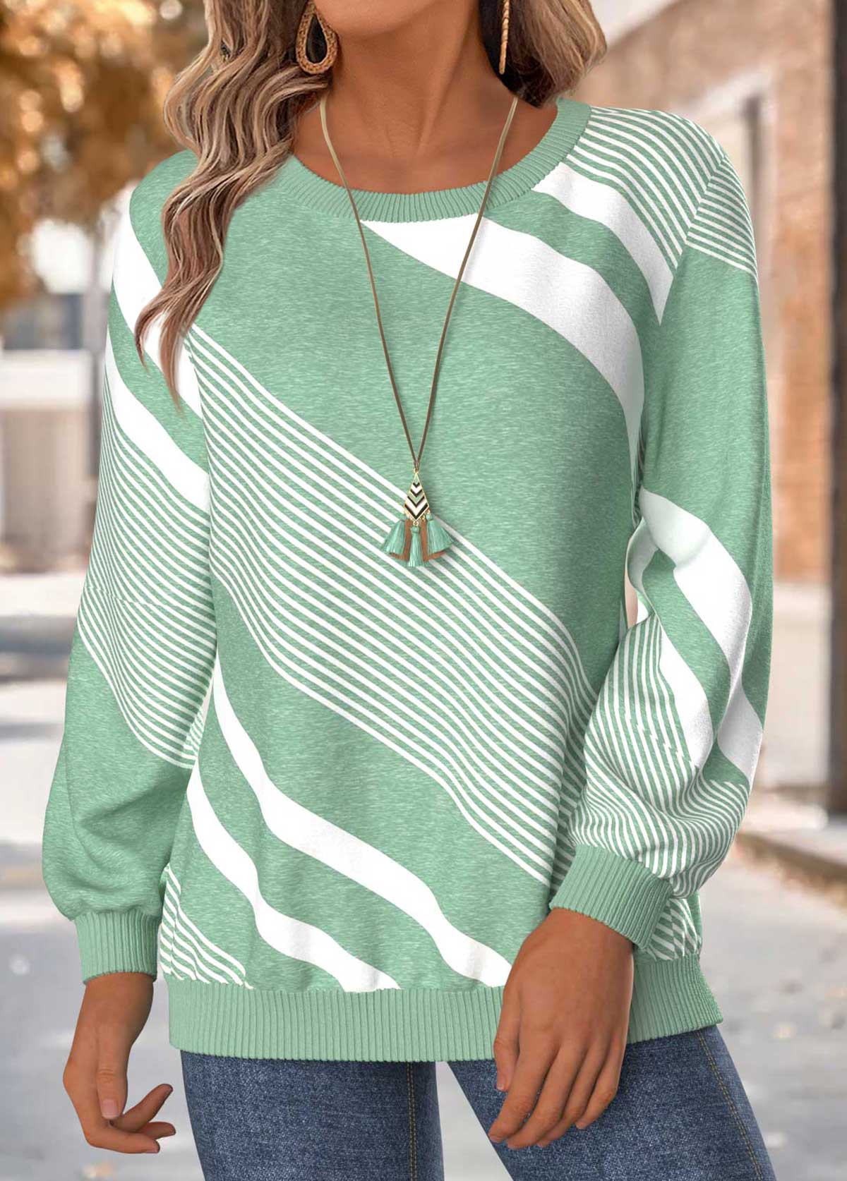 Geometric Print Tummy Coverage Mint Green Long Sleeve Sweatshirt