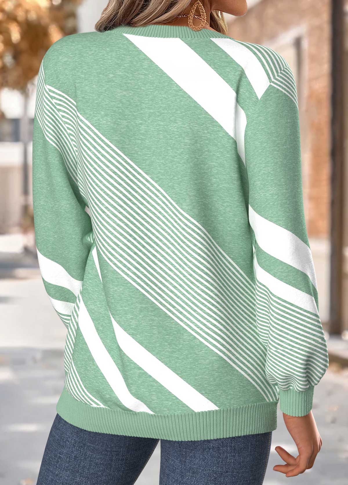 Geometric Print Tummy Coverage Mint Green Long Sleeve Sweatshirt