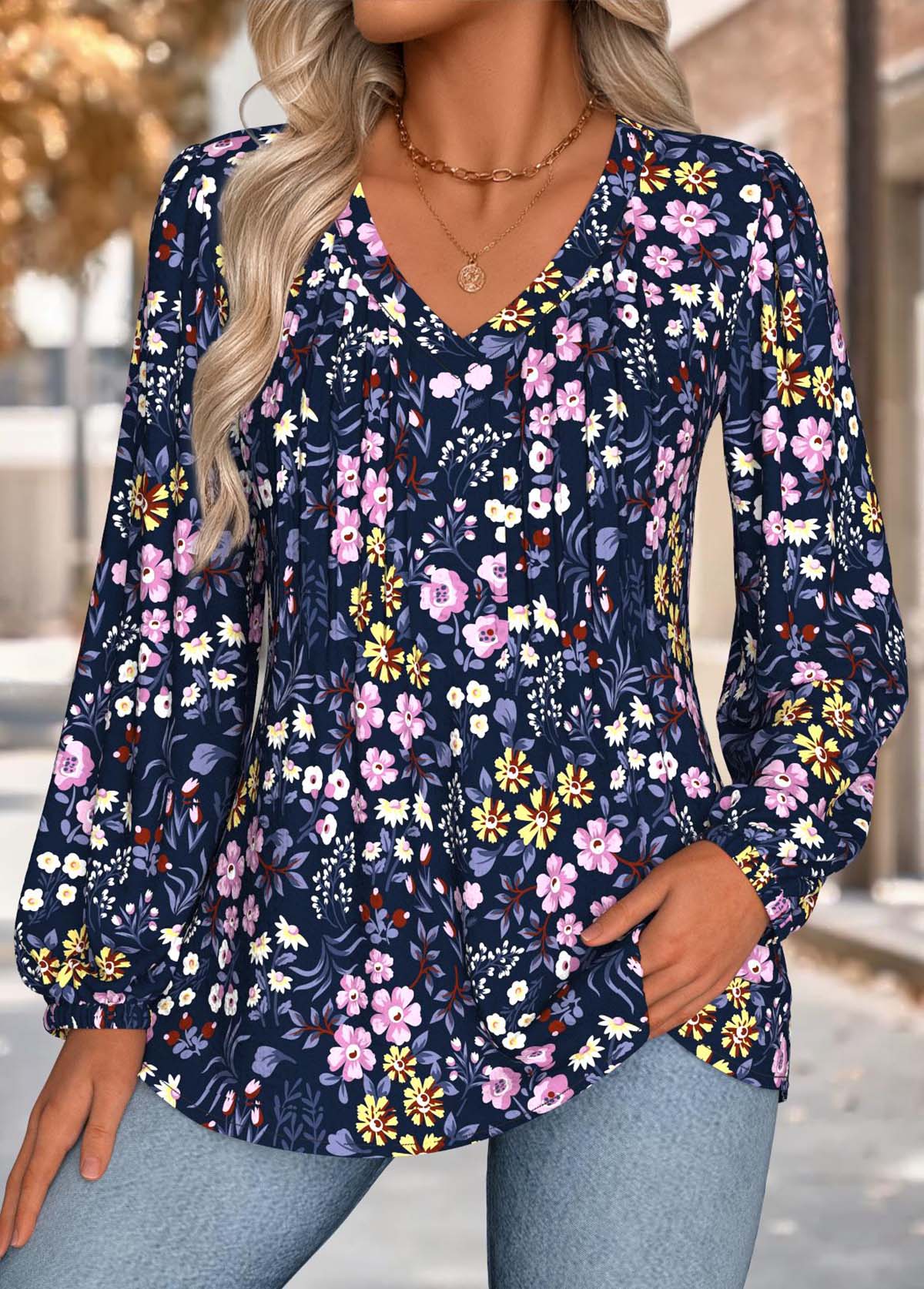 Floral Print Tummy Coverage Navy Long Sleeve Blouse
