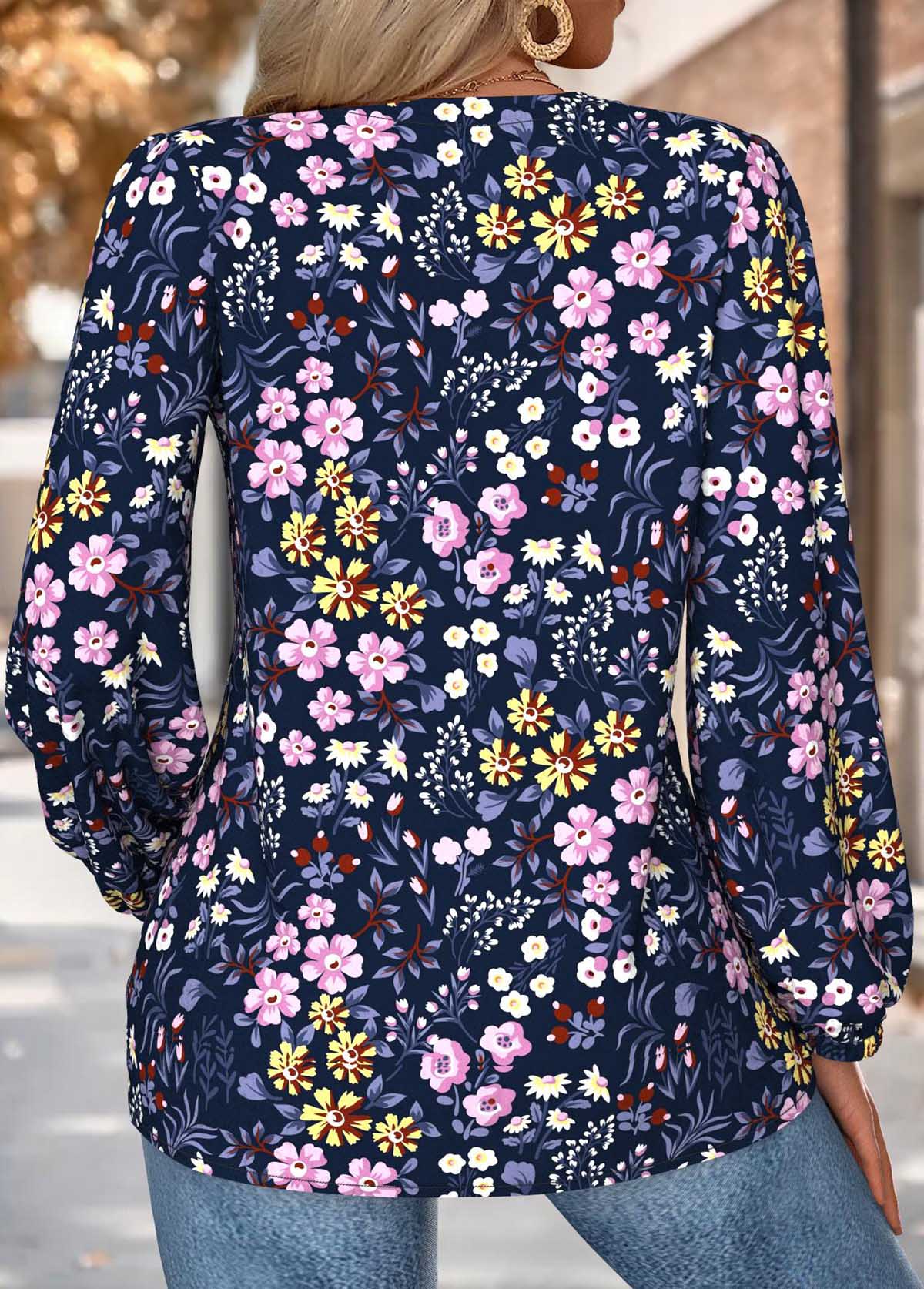 Floral Print Tummy Coverage Navy Long Sleeve Blouse