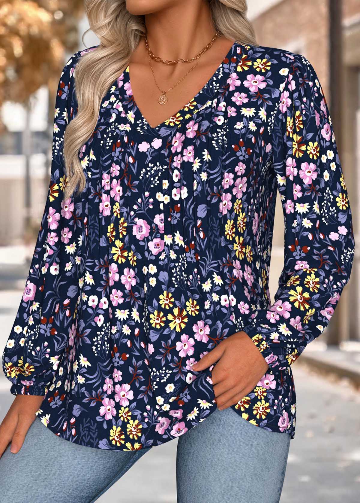 Floral Print Tummy Coverage Navy Long Sleeve Blouse