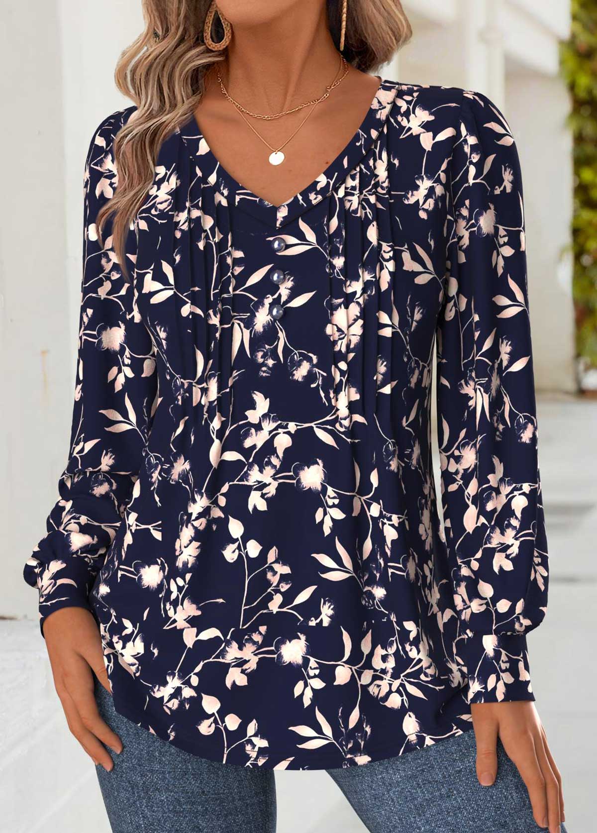 Floral Print Tummy Coverage Navy Long Sleeve T Shirt