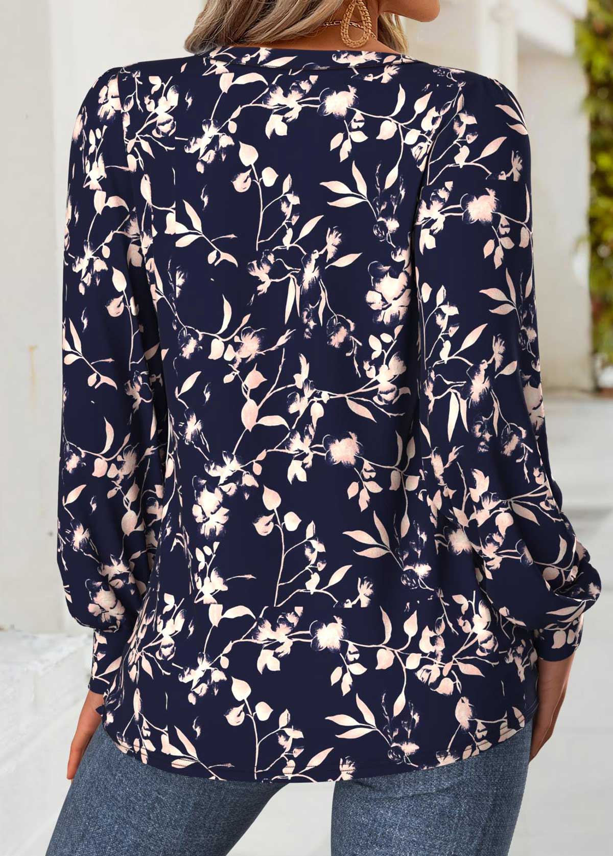 Floral Print Tummy Coverage Navy Long Sleeve T Shirt