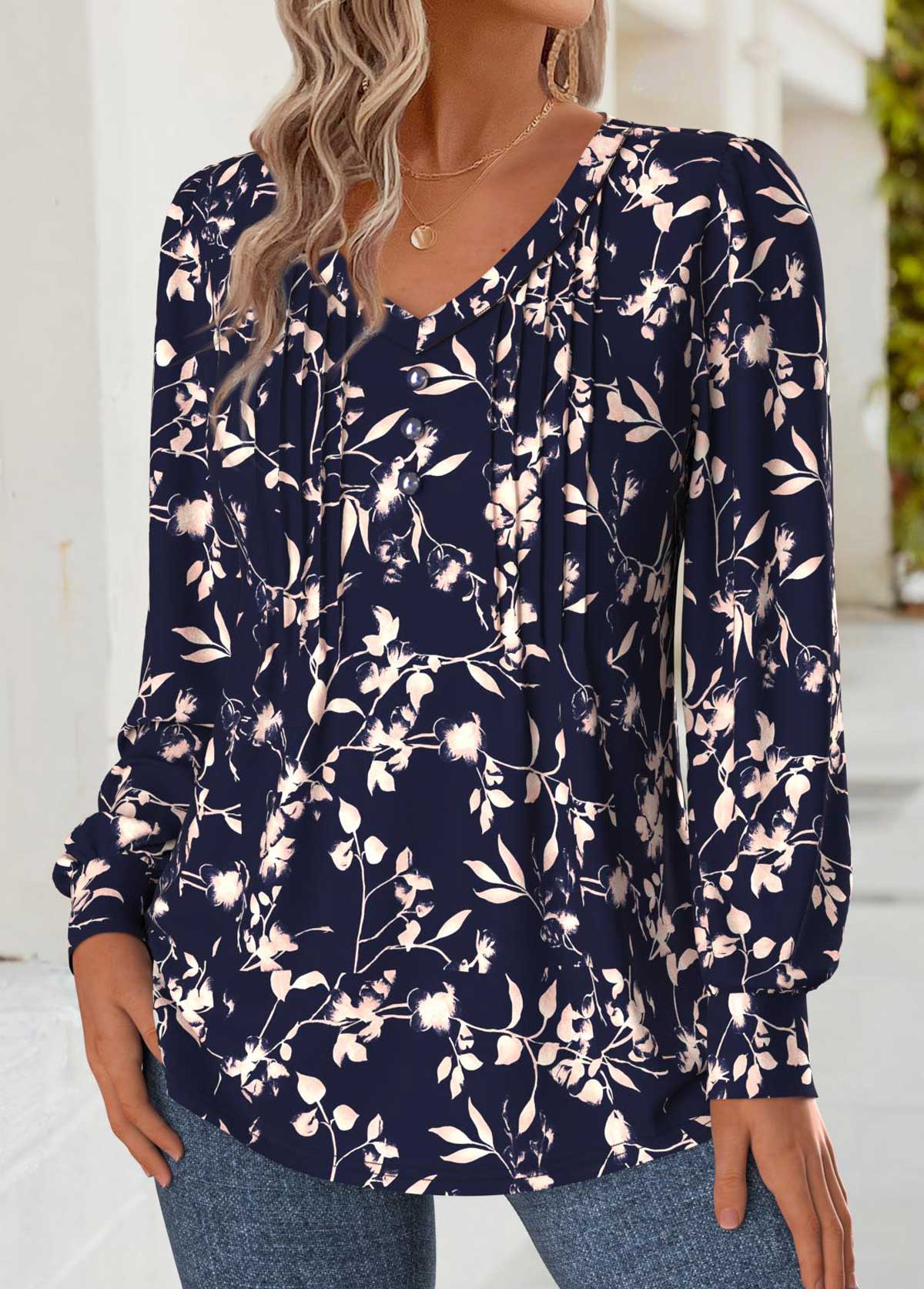 Floral Print Tummy Coverage Navy Long Sleeve T Shirt