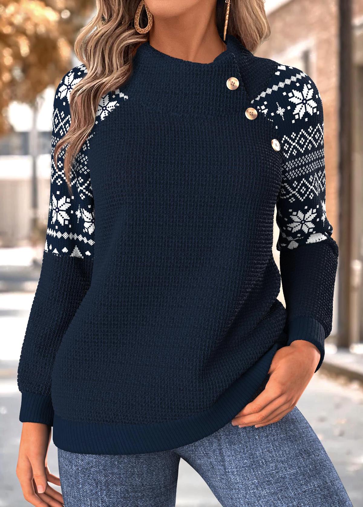 Fair Isle Print Tummy Coverage Navy Long Sleeve Sweatshirt