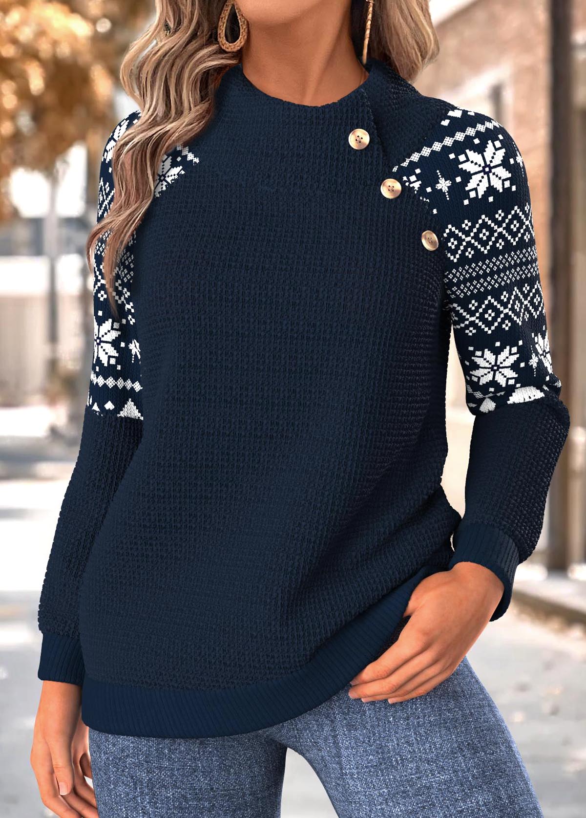 Fair Isle Print Tummy Coverage Navy Long Sleeve Sweatshirt