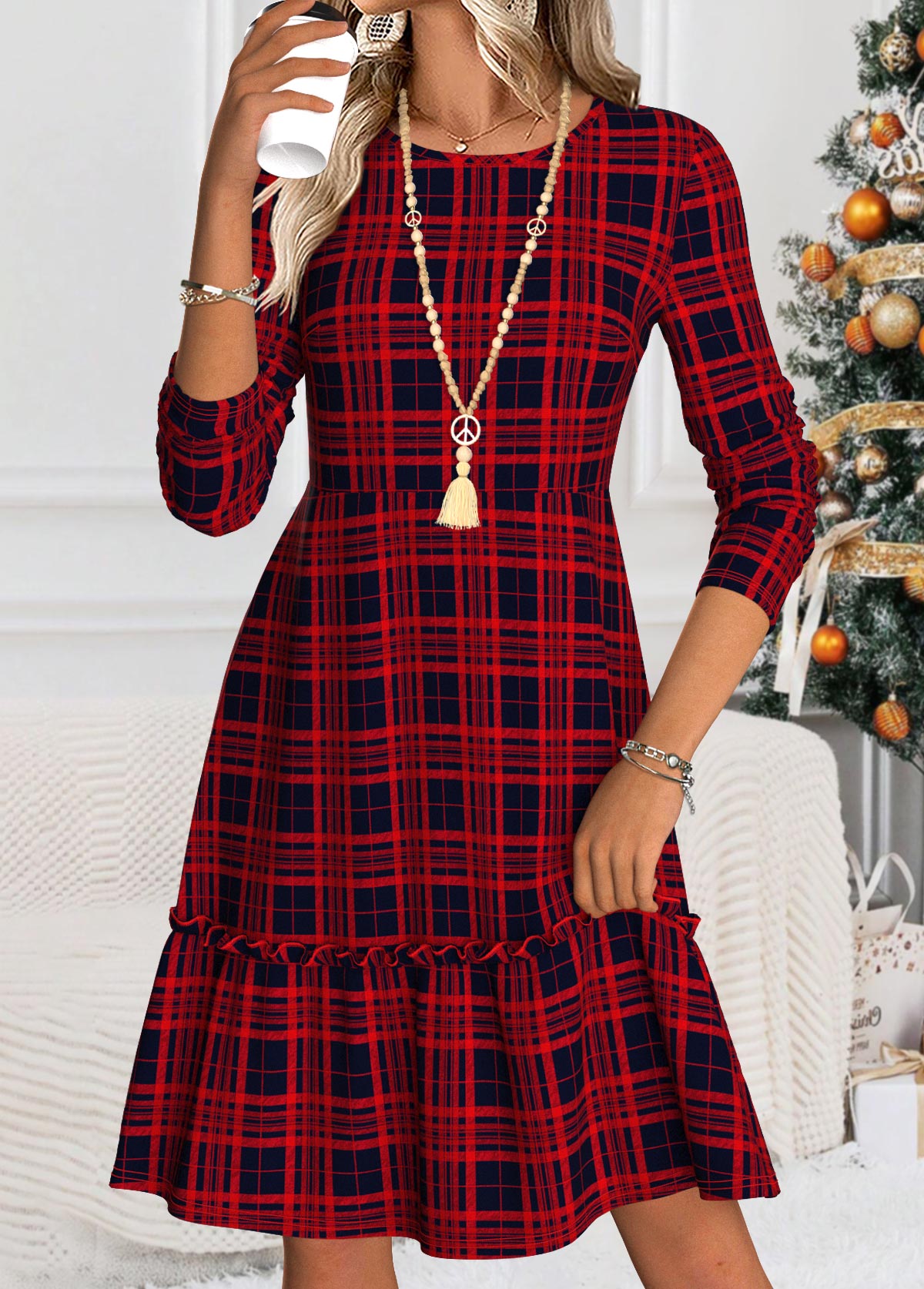 Plaid Tummy Coverage Wine Red Long Sleeve Dress