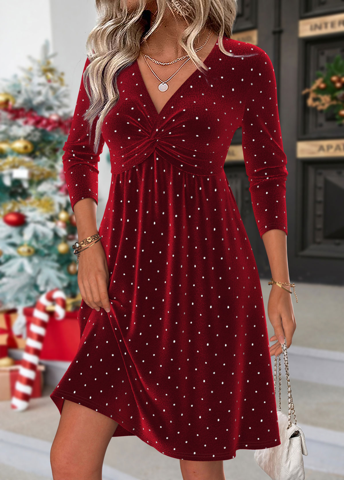 Tummy Coverage Wine Red Short Long Sleeve Dress