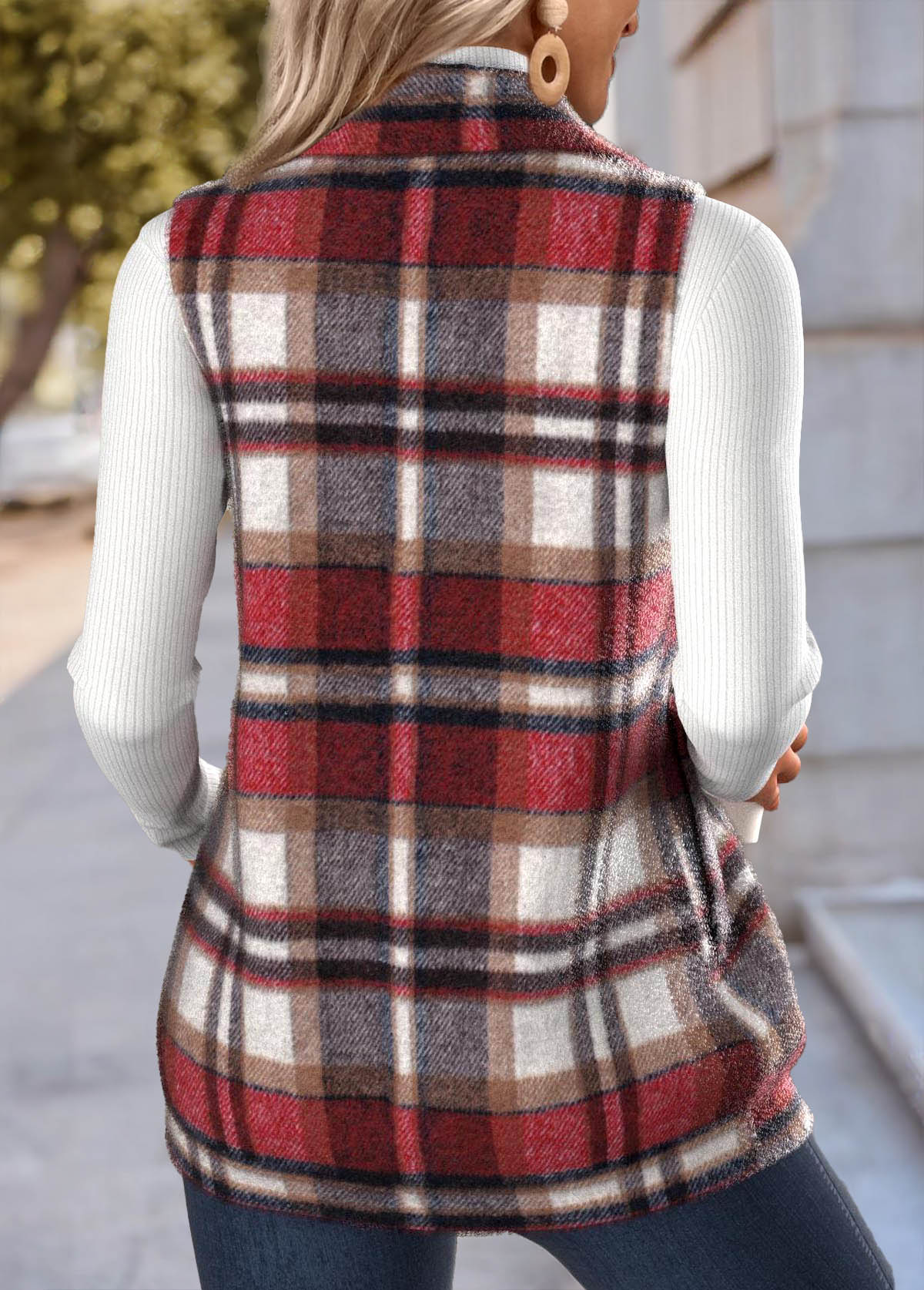 Plaid Double Side Pockets Red Sleeveless Stand Collar Waistcoat