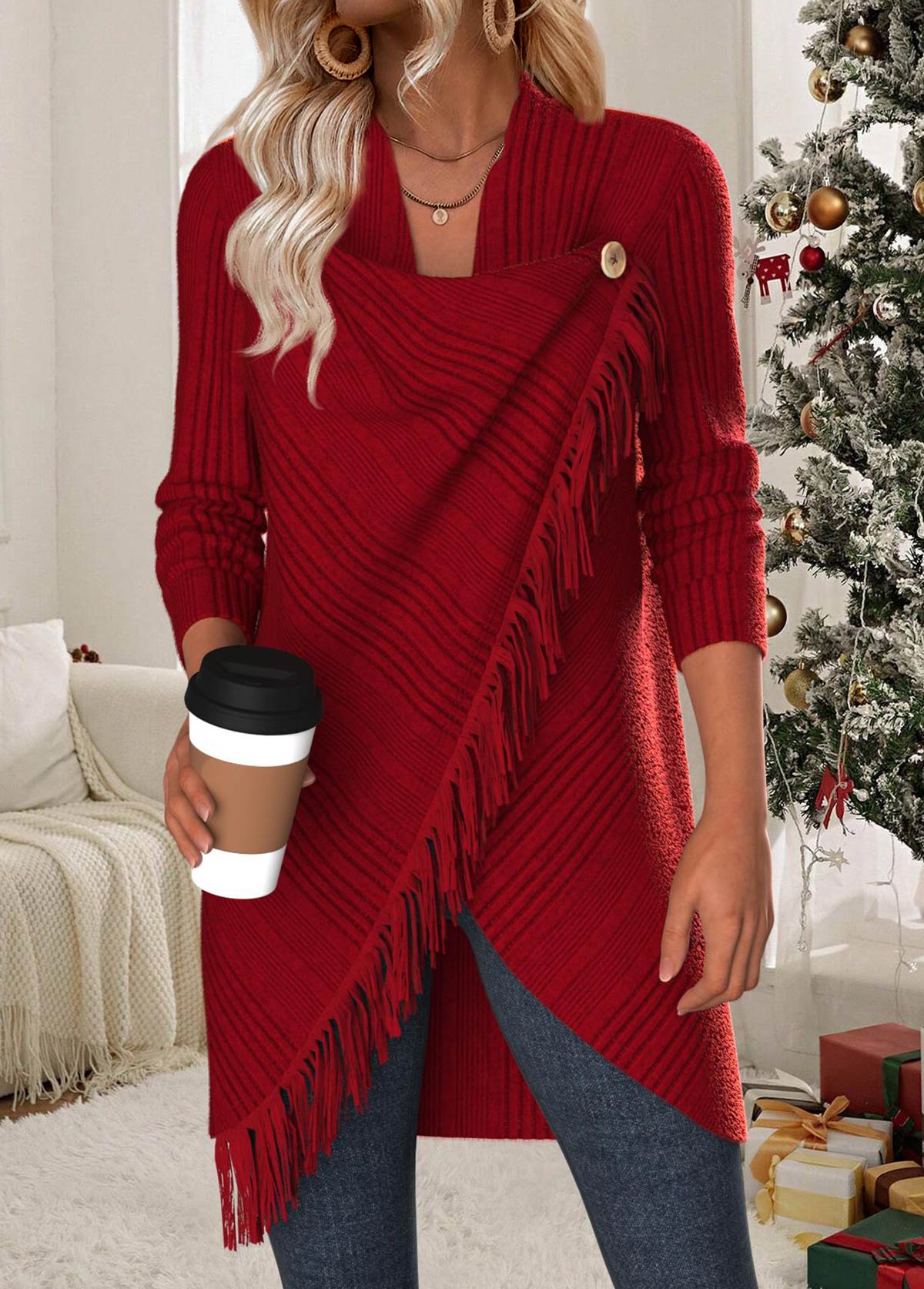 Tummy Coverage Wine Red Long Sleeve Draped Neck Coat