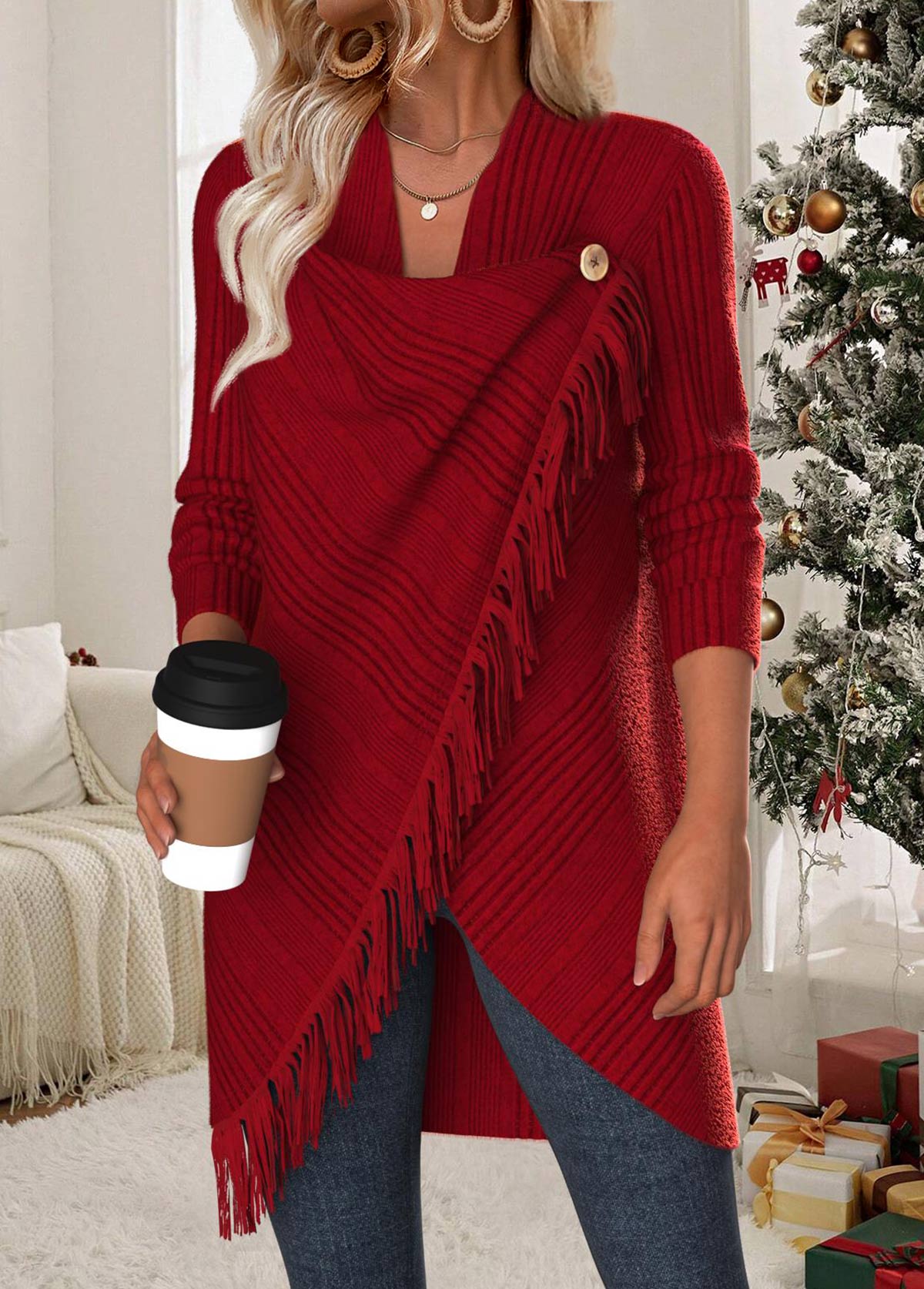 Tummy Coverage Wine Red Long Sleeve Draped Neck Coat