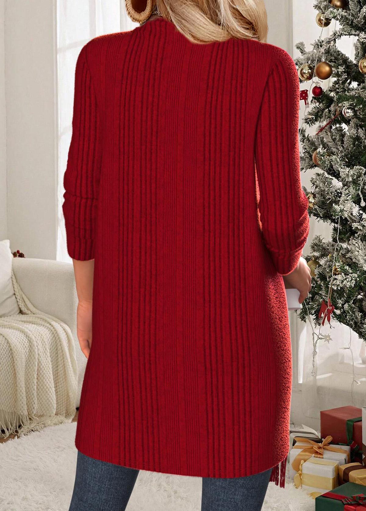 Tummy Coverage Wine Red Long Sleeve Draped Neck Coat