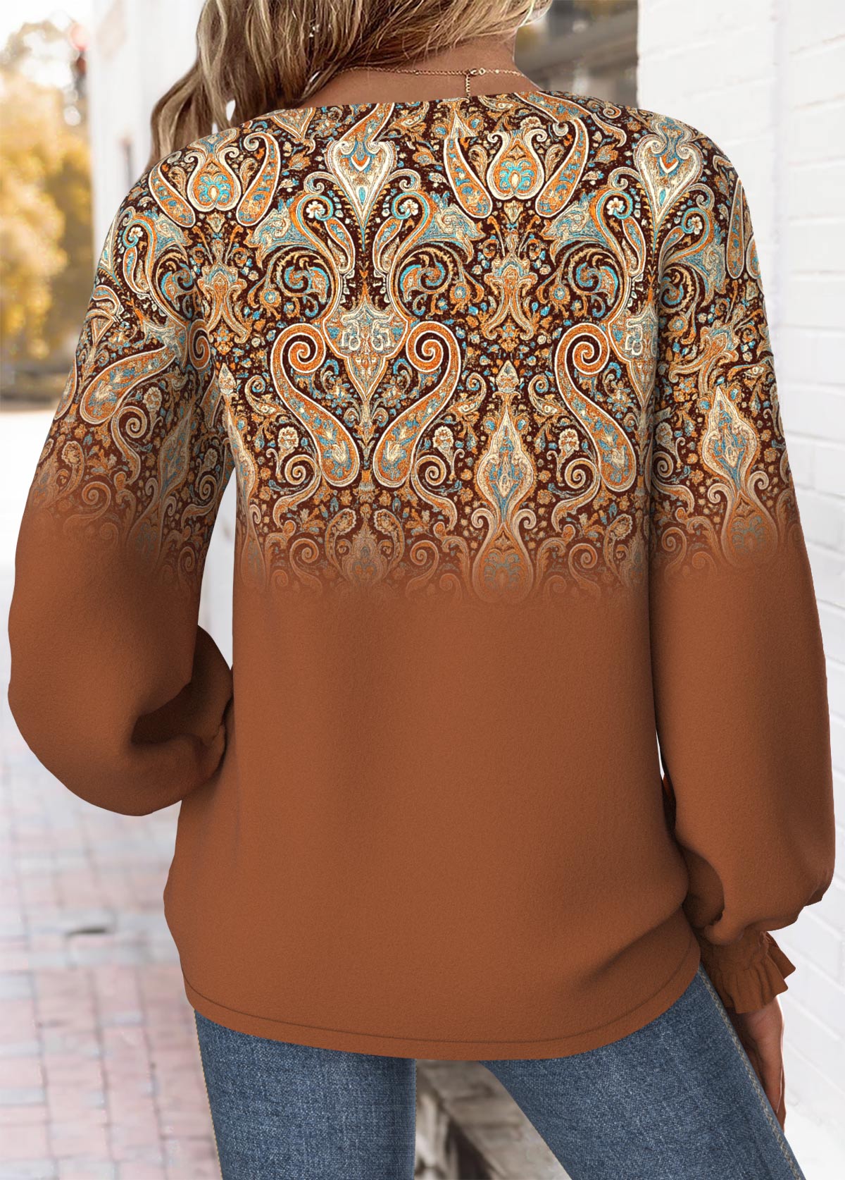 Tribal Print Curved Hem Dark Coffee Long Sleeve Sweatshirt