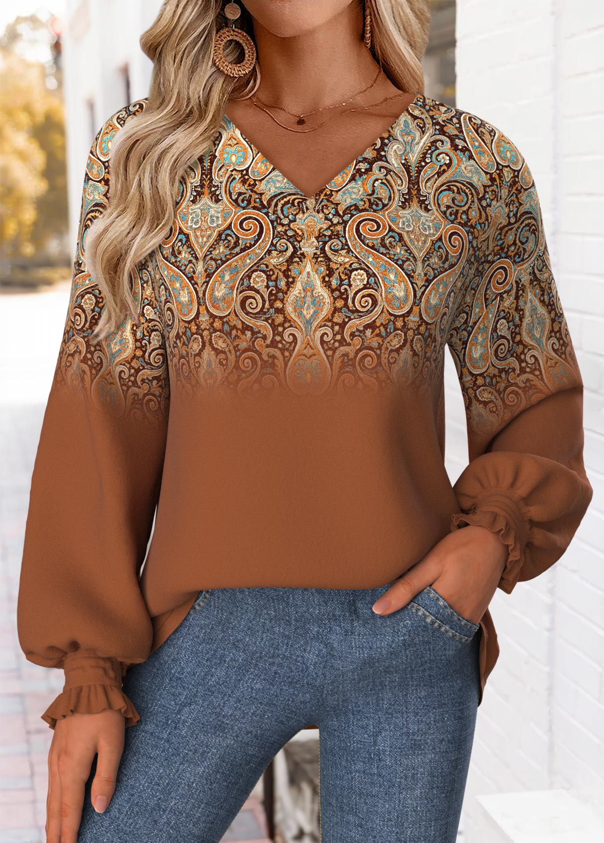 Tribal Print Curved Hem Dark Coffee Long Sleeve Sweatshirt