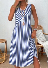 Striped Patchwork Blue A Line Sleeveless V Neck Dress