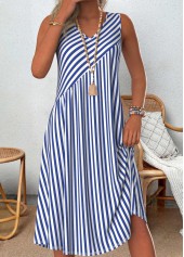 Striped Patchwork Blue A Line Sleeveless V Neck Dress