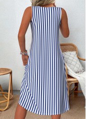Striped Patchwork Blue A Line Sleeveless V Neck Dress