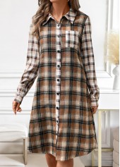 Plaid Button Dark Coffee A Line Long Sleeve Dress