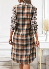 Plaid Button Dark Coffee A Line Long Sleeve Dress