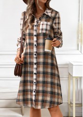 Plaid Button Dark Coffee A Line Long Sleeve Dress