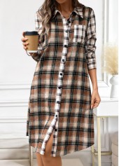 Plaid Button Dark Coffee A Line Long Sleeve Dress