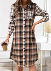 Plaid Button Dark Coffee A Line Long Sleeve Dress