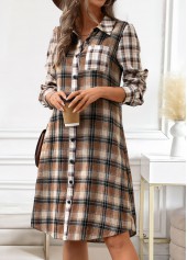 Plaid Button Dark Coffee A Line Long Sleeve Dress