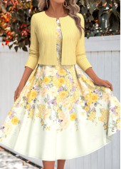 Floral Print Two Piece Light Yellow Dress and Cardigan