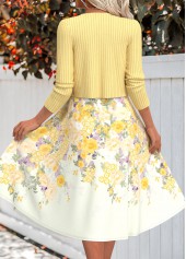 Floral Print Two Piece Light Yellow Dress and Cardigan