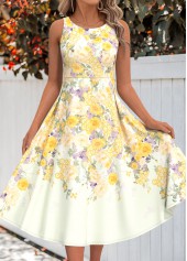 Floral Print Two Piece Light Yellow Dress and Cardigan