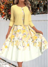 Floral Print Two Piece Light Yellow Dress and Cardigan