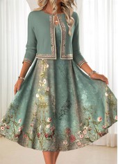 Floral Print Two Piece Sage Green Dress and Cardigan