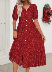 Polka Dot Red Short Sleeve V Neck Dress