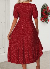 Polka Dot Red Short Sleeve V Neck Dress
