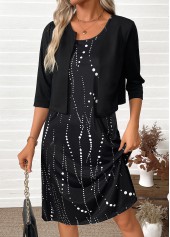 Polka Dot Tummy Coverage Black Dress and Cardigan