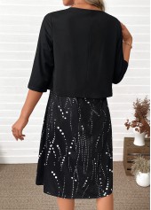 Polka Dot Tummy Coverage Black Dress and Cardigan