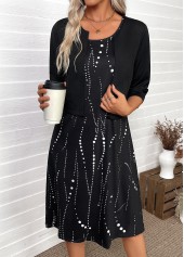 Polka Dot Tummy Coverage Black Dress and Cardigan