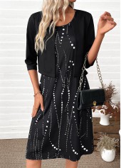 Polka Dot Tummy Coverage Black Dress and Cardigan
