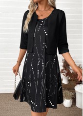 Polka Dot Tummy Coverage Black Dress and Cardigan