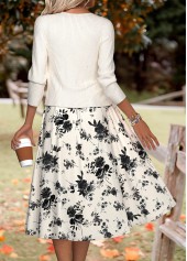 Floral Print Beige Long Sleeve Dress and Cardigan