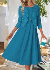 Peacock Blue Long Sleeve Round Neck Dress and Cardigan