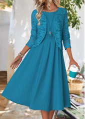 Peacock Blue Long Sleeve Round Neck Dress and Cardigan