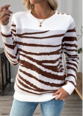 Button White Long Sleeve Round Neck Sweater