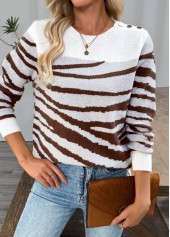 Button White Long Sleeve Round Neck Sweater