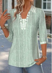 Gingham Print Sage Green 3/4 Sleeve T Shirt