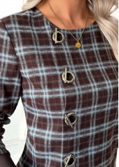 Plaid Tummy Coverage Dark Coffee Long Sleeve Blouse