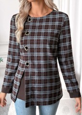 Plaid Tummy Coverage Dark Coffee Long Sleeve Blouse