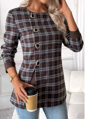 Plaid Tummy Coverage Dark Coffee Long Sleeve Blouse