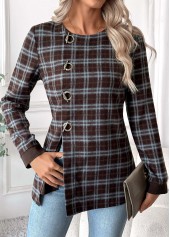 Plaid Tummy Coverage Dark Coffee Long Sleeve Blouse