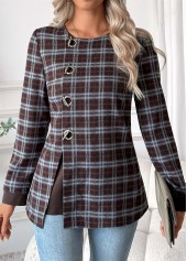 Plaid Tummy Coverage Dark Coffee Long Sleeve Blouse